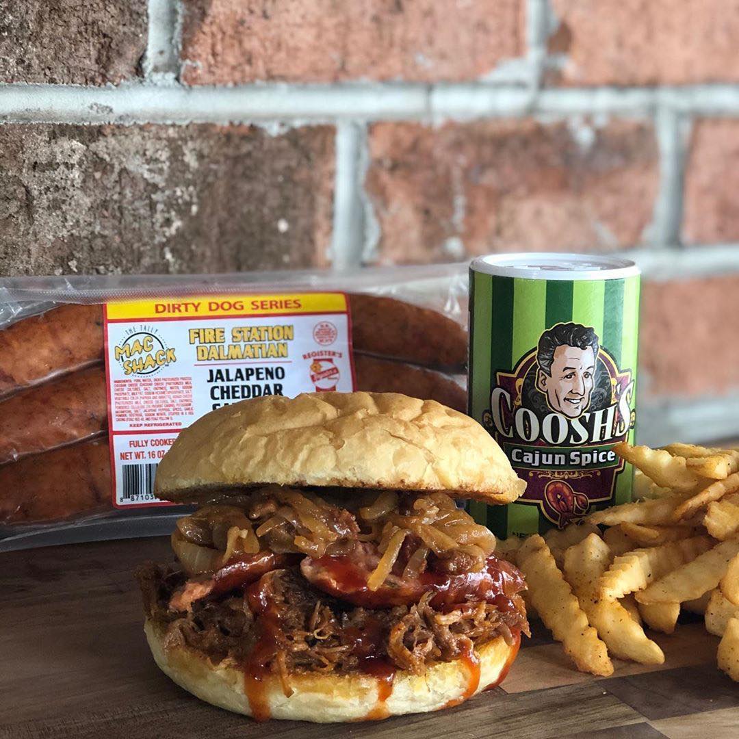#Repost from @cooshsbr - We have received our #SausageStimulus and would like to introduce the Three Local Pigs, now available for take out! 
@registerssausage and @tallymacshack jalapeño cheddar #dirtydogs, our slow smoked bbq pork, bacon and onion jam made with @deepbrew Reef Dweller and @gilesdelipro bacon, served on a @tastypastrybakery sourdough bun. Thanks for the opportunity. *CollegeTown location only #tallystrong